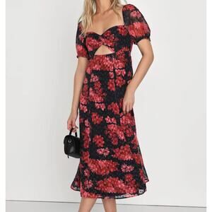 New Lulus truly charming black & red floral puff sleeve cutout midi dress small